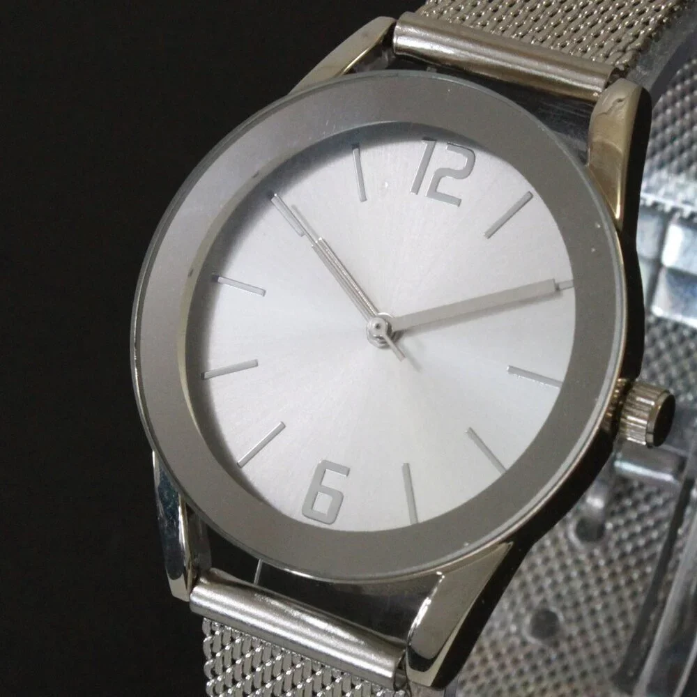 Accutime Ladies Quartz Watch Silver Tone With Wire Milanese Bracelet 34mm